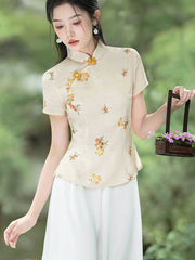 Green Yellow Floral Qipao Cheongsam Blouse Top