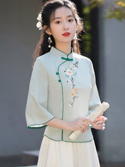 Green White Embroidered Cheongsam Blouse Top