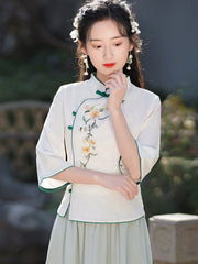 Green White Embroidered Cheongsam Blouse Top