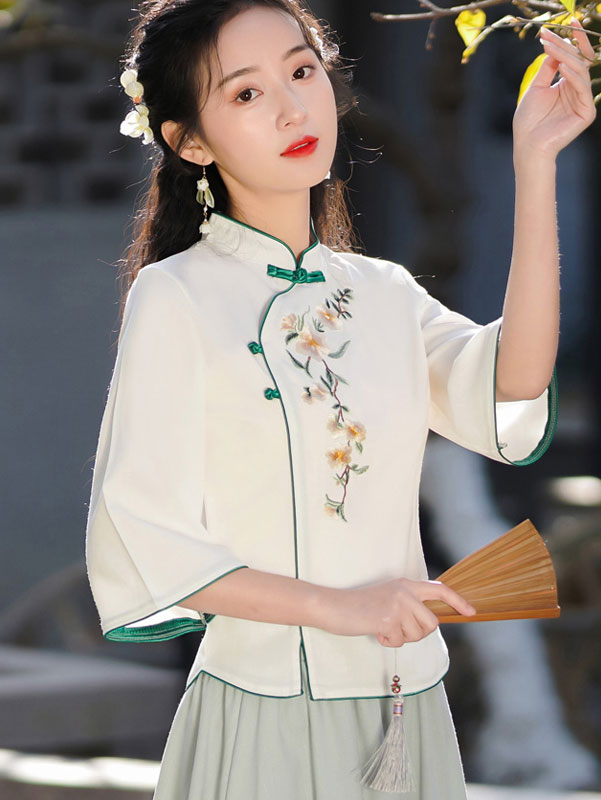 Green White Embroidered Cheongsam Blouse Top