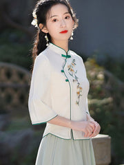 Green White Embroidered Cheongsam Blouse Top