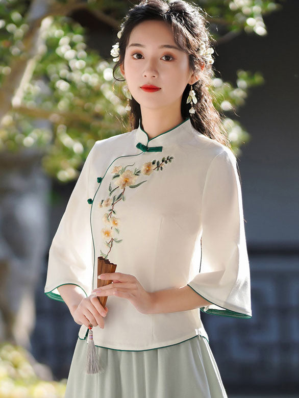 Green White Embroidered Cheongsam Blouse Top