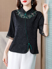 Black Embroidered Mothers Cheongsam Blouse Top