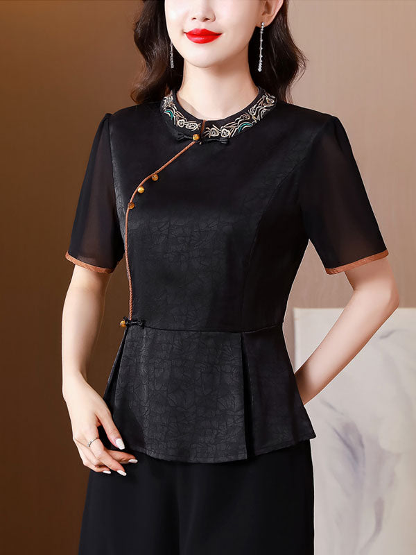 Black Embroidered High Waist Cheongsam Blouse Top