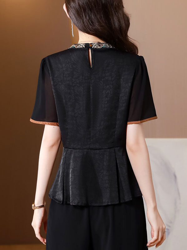 Black Embroidered High Waist Cheongsam Blouse Top