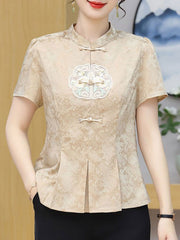 Green Beige Jacquard Cheongsam Blouse Top