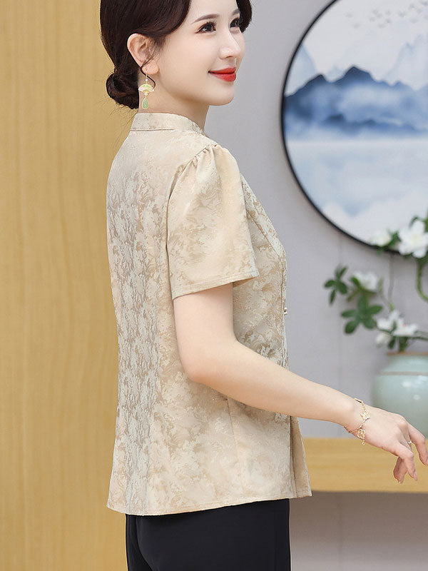 Green Beige Jacquard Cheongsam Blouse Top