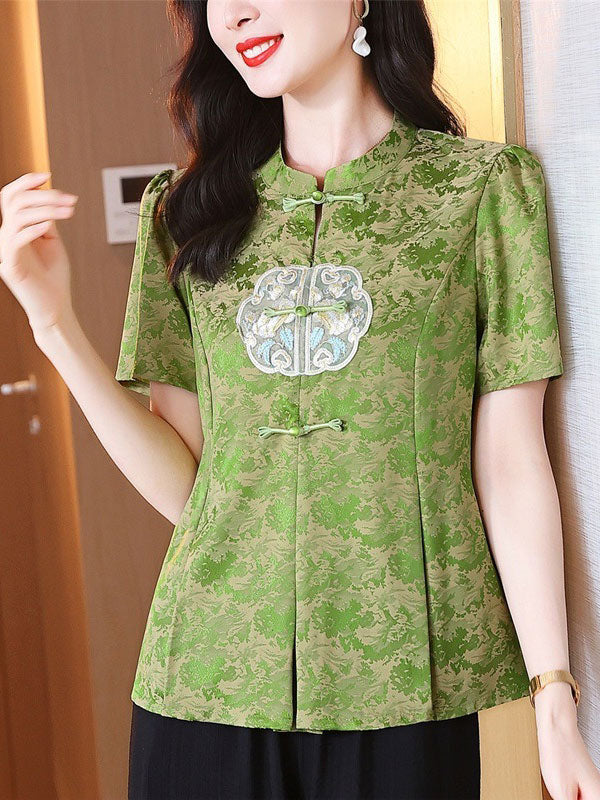 Green Beige Jacquard Cheongsam Blouse Top