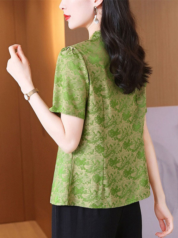 Green Beige Jacquard Cheongsam Blouse Top