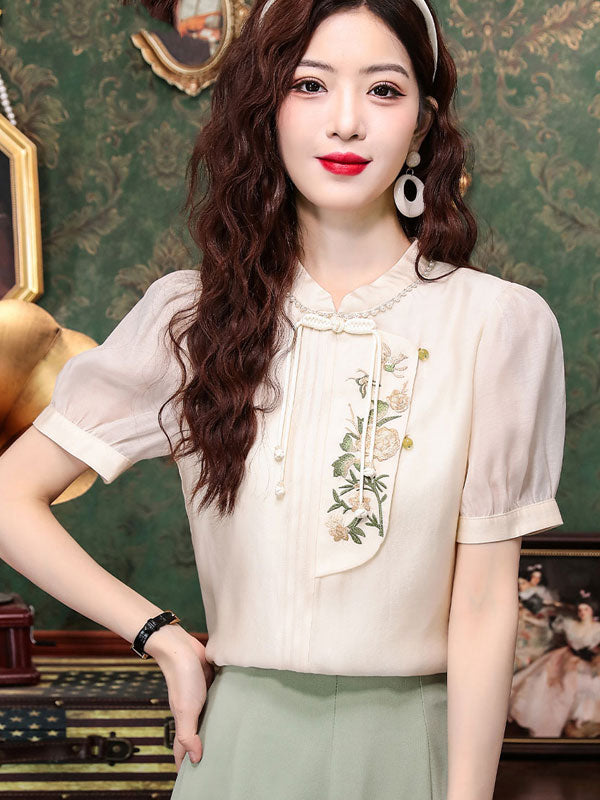 White Embroidered Chiffon Blouse Top