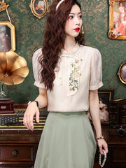 White Embroidered Chiffon Blouse Top