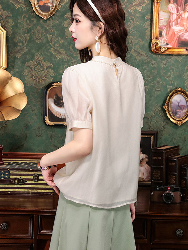 White Embroidered Chiffon Blouse Top