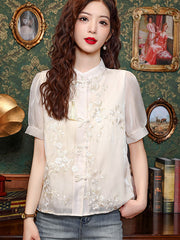 ChampagneEmbroidered Floral Blouse Shirt