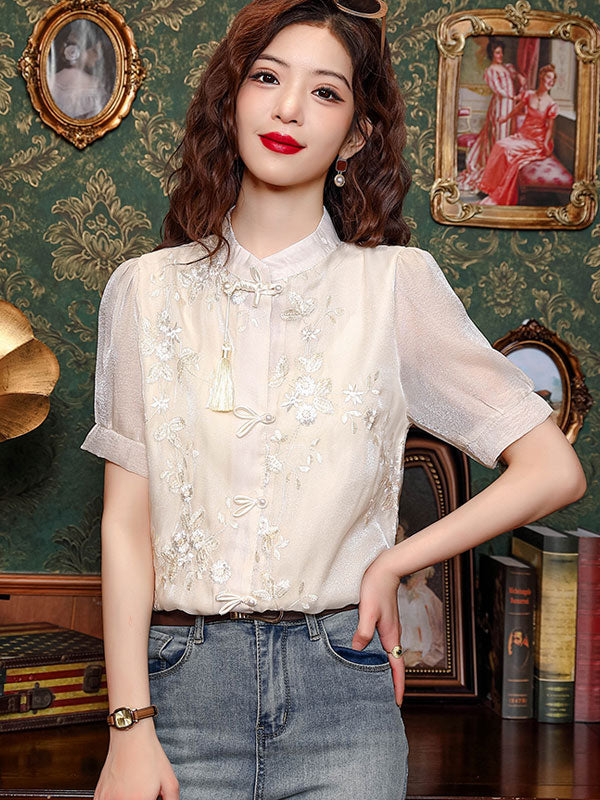 ChampagneEmbroidered Floral Blouse Shirt