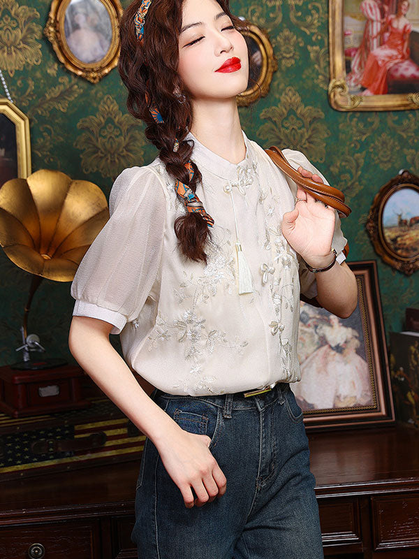 ChampagneEmbroidered Floral Blouse Shirt