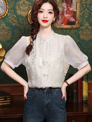 ChampagneEmbroidered Floral Blouse Shirt