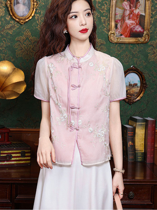 Pink Beige Embroidered Floral Cheongsam Blouse Shirt