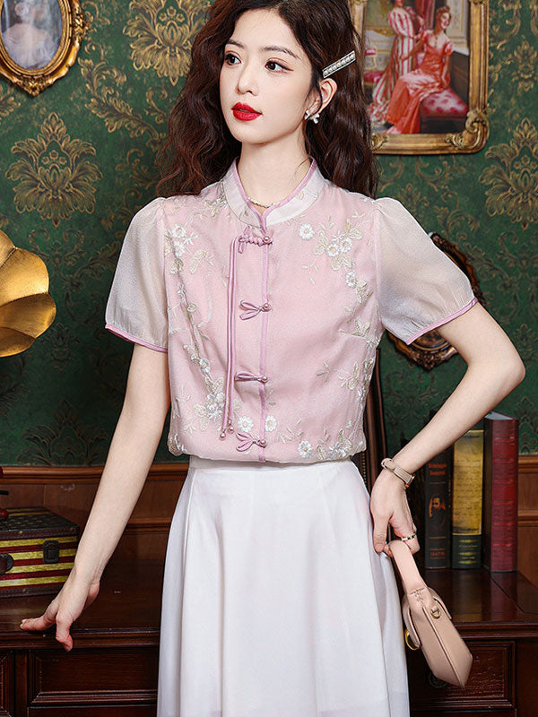 Pink Beige Embroidered Floral Cheongsam Blouse Shirt