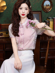 Pink Beige Embroidered Floral Cheongsam Blouse Shirt