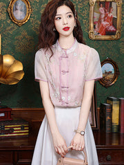 Pink Beige Embroidered Floral Cheongsam Blouse Shirt