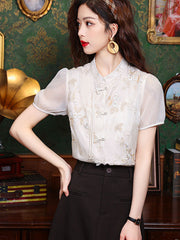 Pink Beige Embroidered Floral Cheongsam Blouse Shirt