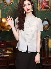 Pink Beige Embroidered Floral Cheongsam Blouse Shirt