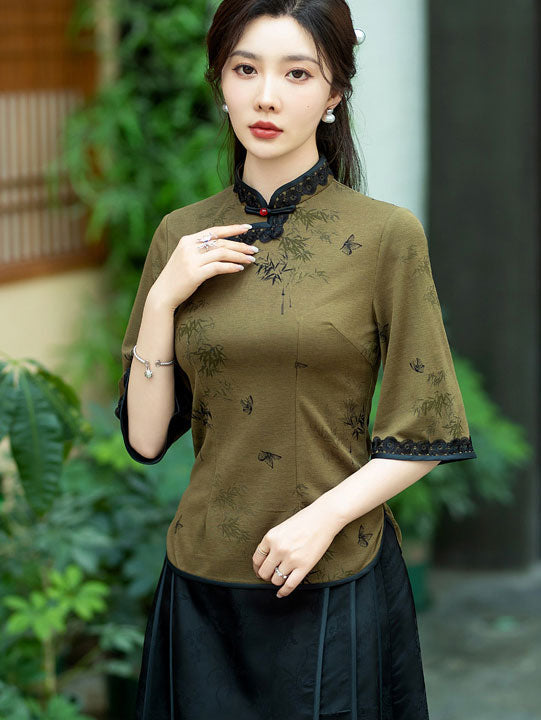 Green Lace Trim Cheongsam Blouse Top