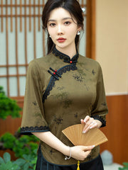 Green Lace Trim Cheongsam Blouse Top