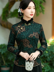 Mothers Floral Fleece Lined Winter Cheongsam Blouse Top