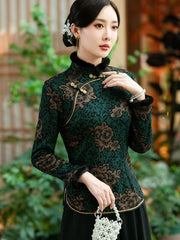 Mothers Floral Fleece Lined Winter Cheongsam Blouse Top