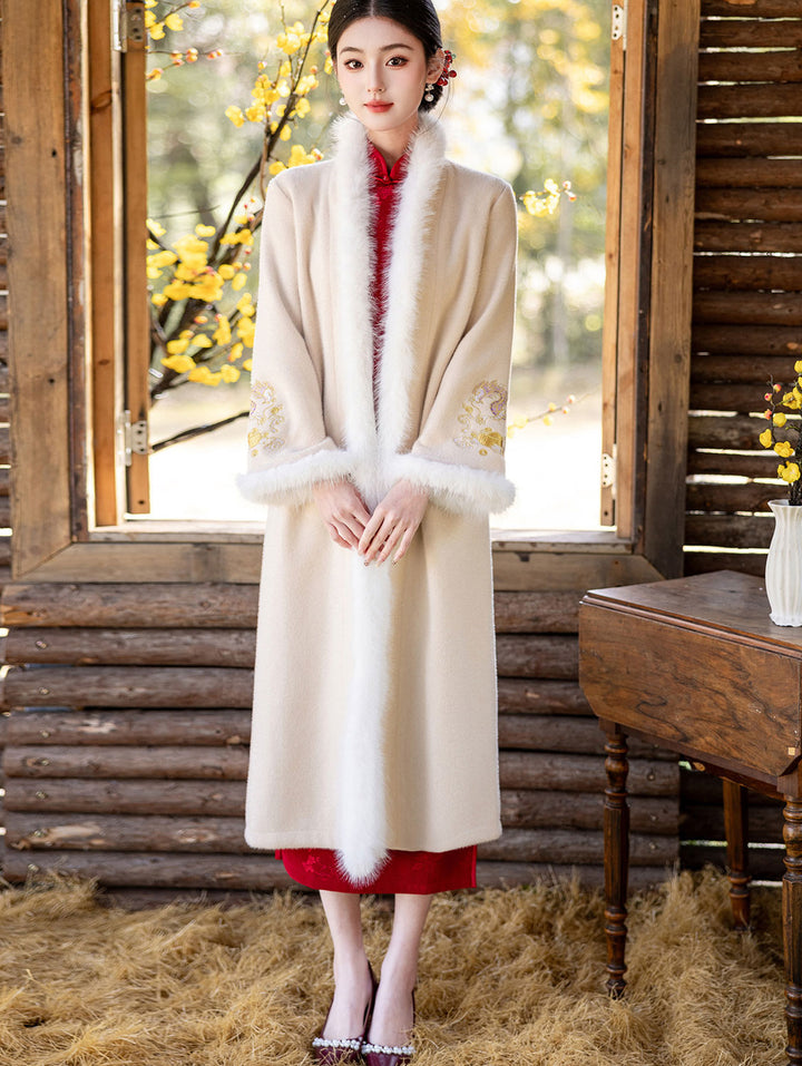 Champagne Red Wool Blend Embroidered Dragon Poncho Cape Coat