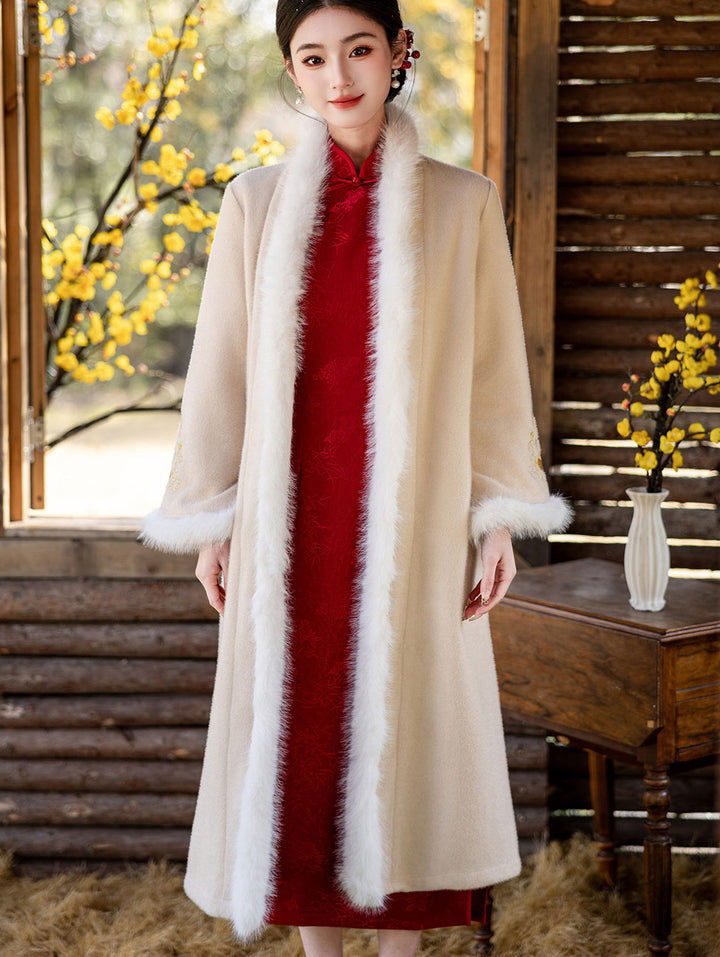 Champagne Red Wool Blend Embroidered Dragon Poncho Cape Coat