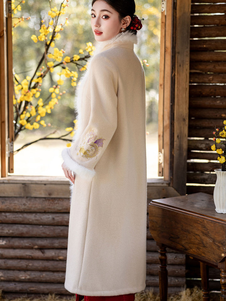 Champagne Red Wool Blend Embroidered Dragon Poncho Cape Coat