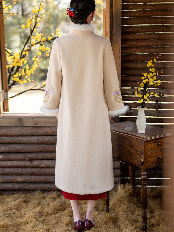 Champagne Red Wool Blend Embroidered Dragon Poncho Cape Coat