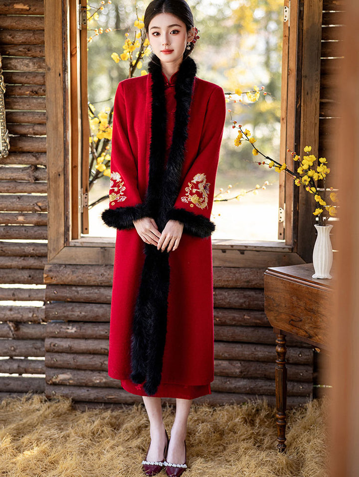 Champagne Red Wool Blend Embroidered Dragon Poncho Cape Coat