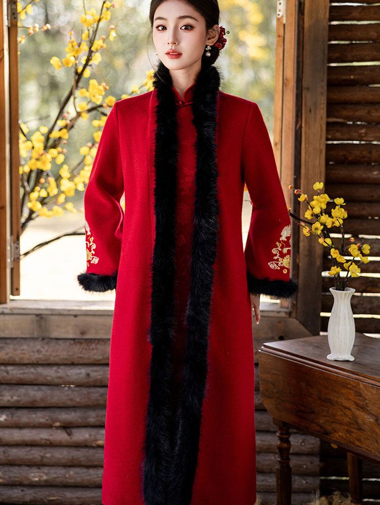 Champagne Red Wool Blend Embroidered Dragon Poncho Cape Coat