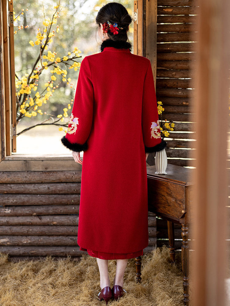 Champagne Red Wool Blend Embroidered Dragon Poncho Cape Coat