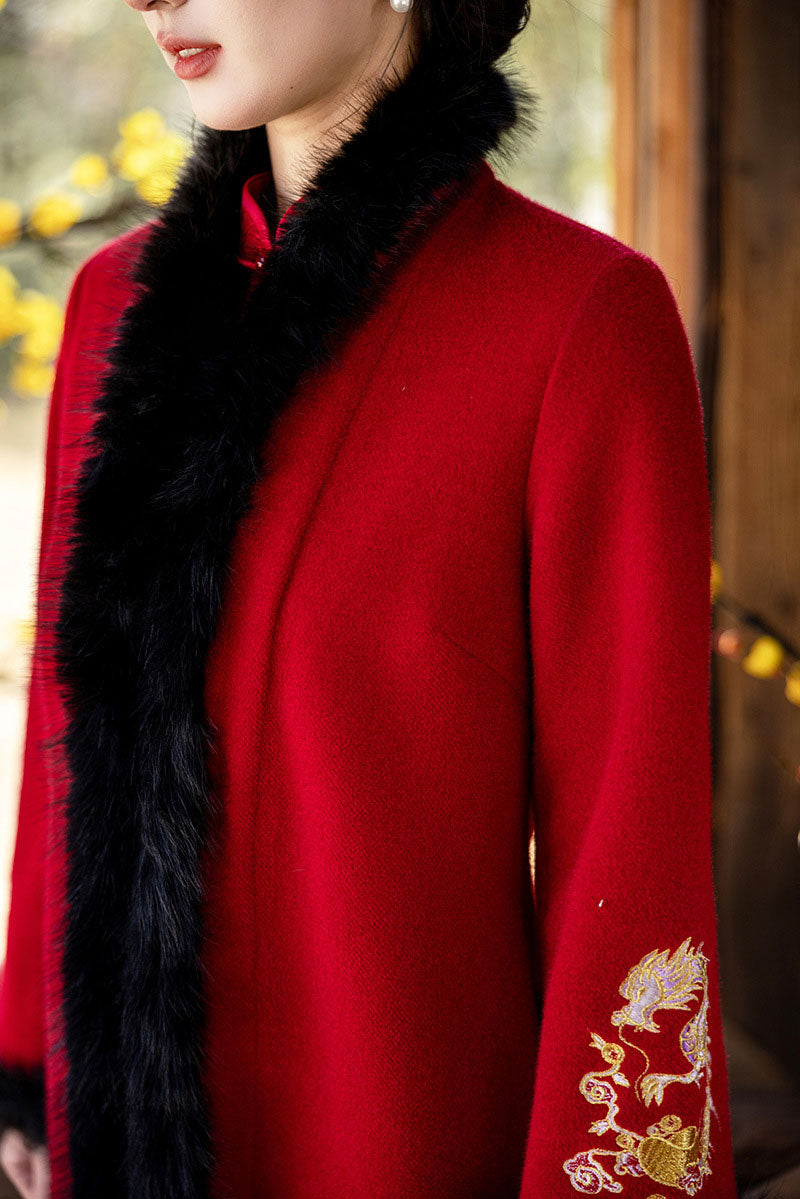 Champagne Red Wool Blend Embroidered Dragon Poncho Cape Coat