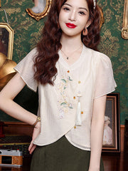 Embroidered Chiffon Asymmetric Hem Cheongsam Blouse Top