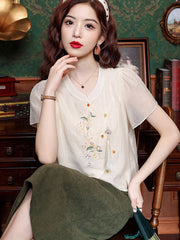 Embroidered Chiffon Asymmetric Hem Cheongsam Blouse Top