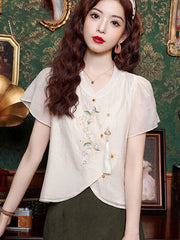 Embroidered Chiffon Asymmetric Hem Cheongsam Blouse Top