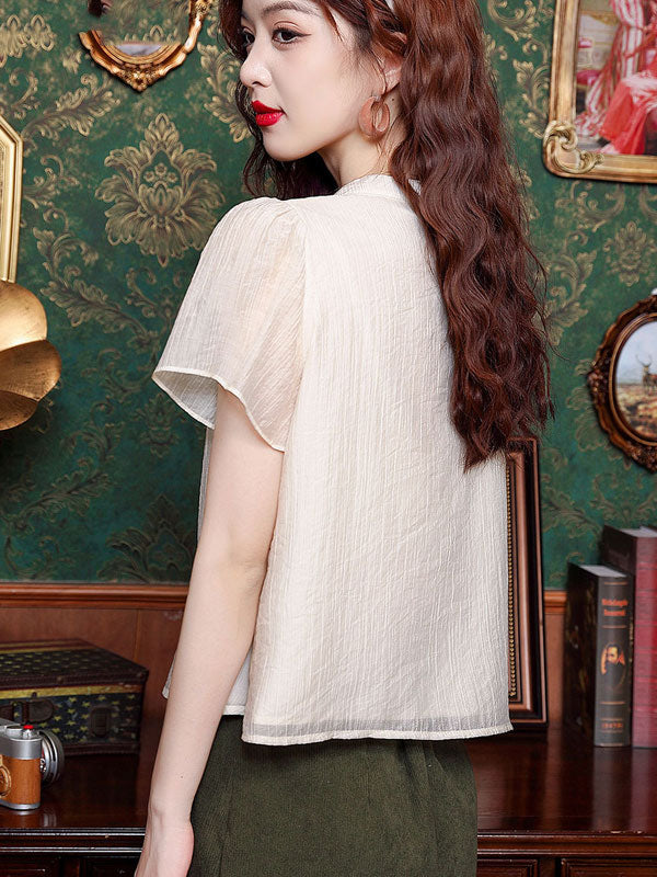 Embroidered Chiffon Asymmetric Hem Cheongsam Blouse Top