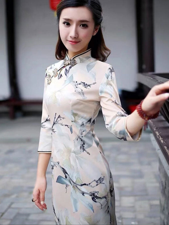 Clearance Floral Print Autumn Cheongsam Qipao Dress