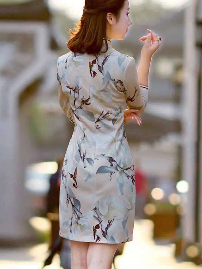 Clearance Floral Print Autumn Cheongsam Qipao Dress