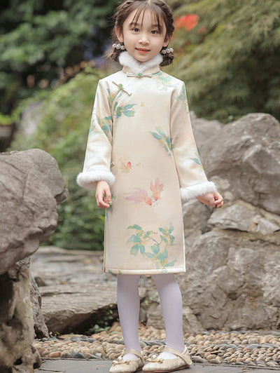 Floral Print Kids Girls Winter Qipao Cheongsam Dress