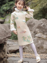 Floral Print Kids Girls Winter Qipao Cheongsam Dress