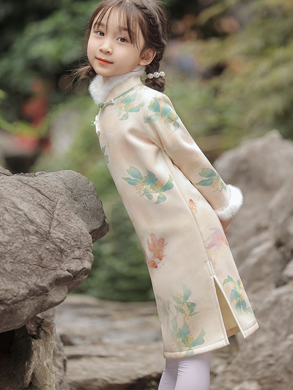 Floral Print Kids Girls Winter Qipao Cheongsam Dress