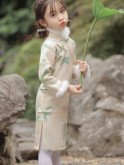 Floral Print Kids Girls Winter Qipao Cheongsam Dress