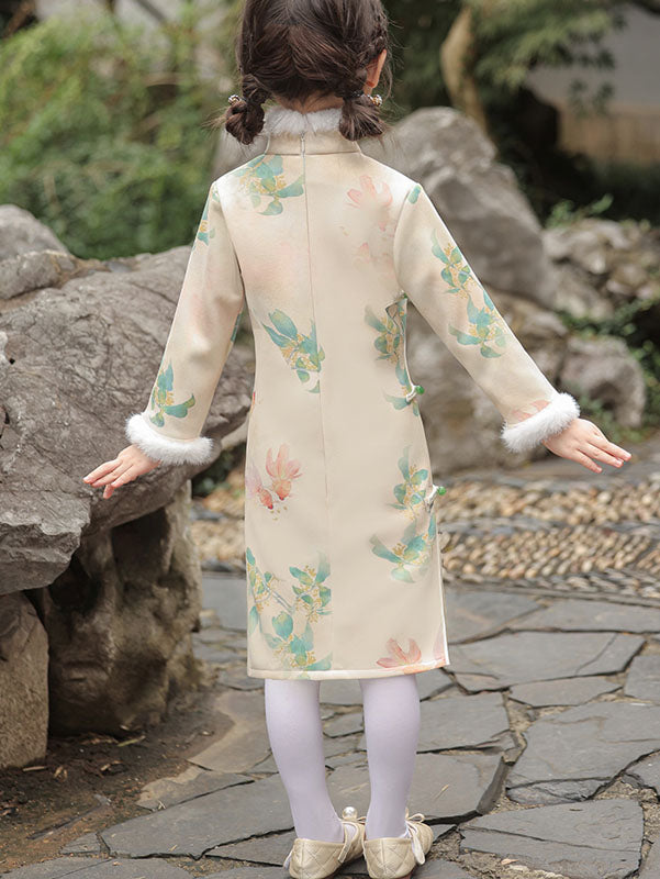 Floral Print Kids Girls Winter Qipao Cheongsam Dress