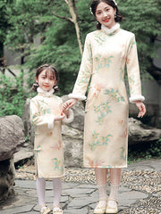 Floral Print Kids Girls Winter Qipao Cheongsam Dress